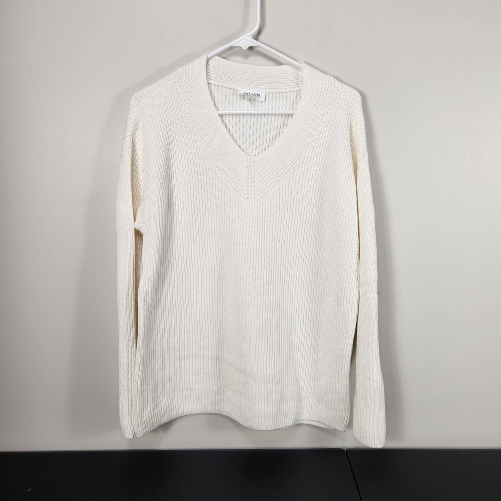 Haven Well Within L White Ribbed VNeck Tunic Sweater Drop Shoulder Cashmere Blen
